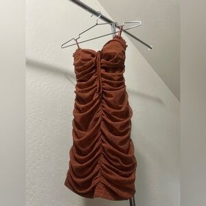 Rust Ruched Spaghetti-Strap Mini Dress